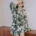 タンキニ 水着 スカート ラッシュガード 3点セット 花柄 ボタニカル グリーン 緑 おしゃれ 可愛い 個性的 セパレート 水着 ビキニ フード付き トップス ...