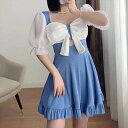 3色 ワンピース 水着 スカート リボン バイカラー かわいい ガーリー 半袖 体型カバー 大きいサイズ 2xl 3xl 4xl 5xl 黒 青 緑 無地 ブラウス風 切り替え ワンピ 水着 韓国 オールインワン フレア スカート ガーリー 二の腕カバー お腹カバー レディース ブルー ブラック グ
