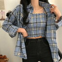 2色 シャツ トップス レディース ブラウス シャーリング クロップ丈 2点セット ブルー ブラック ホワイト ボリューム袖 長袖 チェック柄 かわいい おしゃれ 個性的 セットアップ ランタンスリーブ 黒 10代 20代 春 秋 パフスリーブ ブラック モノトーン 大人カジュアル 女子