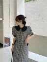 2色 ワンピース ビックカラー ラージカラー ブラック イエロー ミモレ丈 リボン ギンガムチェック パフスリーブ レトロ 可愛い 個性的 フレア ワンピース ...