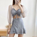 2色 水着 ドット 透け感 セクシー タンキニ ミニ ショート丈 シック カッコイイ 体形カバー ツーピース 2点セット 大人 お姉さん イイ女 スタイルアップ...