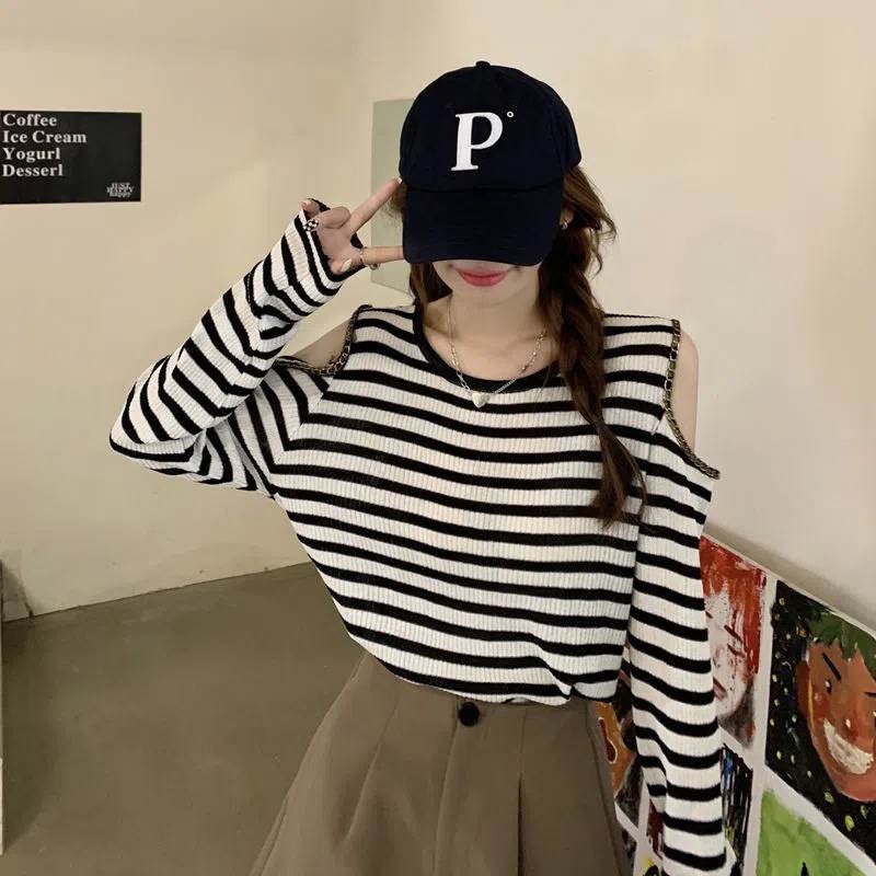 4色 ニット カットアウト トップス オープンショルダー リブニット パイピング ラウンドネック トレンド 流行 トップス 個性的 長袖 肌見せ 肩見せ かわい...