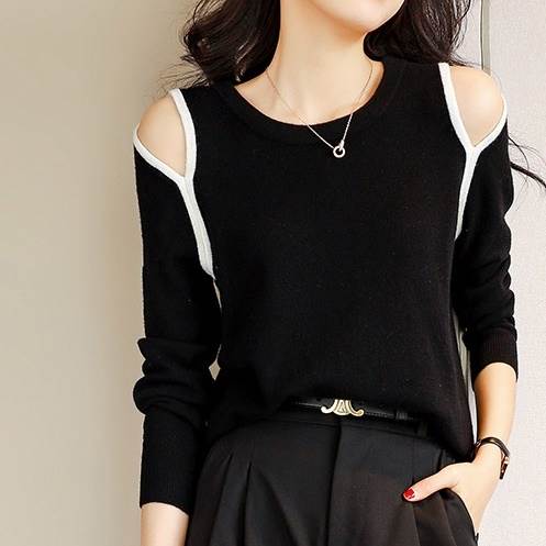 ニット カットアウト トップス セーター オープンショルダー バイカラー パイピング ラウンドネック トレンド 流行 トップス 個性的 長袖 肌見せ 肩見せ か...