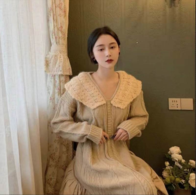 ワンピース ニットワンピース ニット 秋冬 ケーブル編み 襟 もこもこ 2色 フェミニン エレガント 女子..