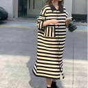 3色 ワンピース ボーダー カジュアル 襟付き 長袖 ワンピ ストライプ ゆったり 個性的 ポケット ゆったり 女子会 カフェ 普段着 シンプル ロング丈 ミモ...