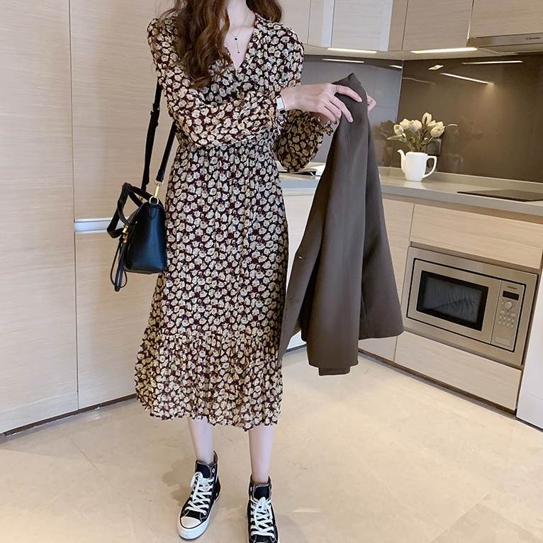花柄ワンピース マーメイド カシュクール Vネック キャンディースリーブ バイカラー モノトーン ミモレ丈 長袖 フレアワンピース ハイウエスト きれいめ 上品 華やか 学生 ゆったり お姉さん カワイイ ガーリー キュート レディース 着痩せ 着回し 脚長 おしゃれ 夏 サマー