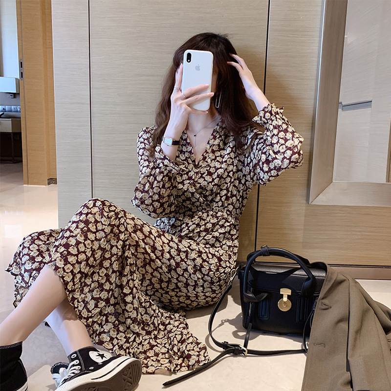 花柄ワンピース マーメイド カシュクール Vネック キャンディースリーブ バイカラー モノトーン ミモレ丈 長袖 フレアワンピース ハイウエスト きれいめ 上品 華やか 学生 ゆったり お姉さん カワイイ ガーリー キュート レディース 着痩せ 着回し 脚長 おしゃれ 夏 サマー