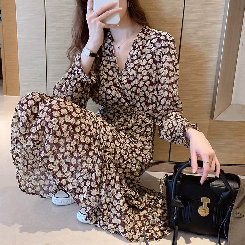 花柄ワンピース マーメイド カシュクール Vネック キャンディースリーブ バイカラー モノトーン ミモレ丈 長袖 フレアワンピース ハイウエスト きれいめ 上品 華やか 学生 ゆったり お姉さん カワイイ ガーリー キュート レディース 着痩せ 着回し 脚長 おしゃれ 夏 サマー