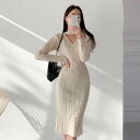 4色 ニットワンピース リブ Vネック チョーカー風 カットアウト カシュクール ケーブル ハイウエスト ミモレ丈 Aライン 長袖 フリル 切り替え 大人可愛い...