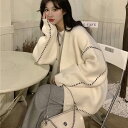2色 カーディガン ニット セーター 配色ステッチ Vネック ニットトップス かわいい 大人可愛い カジュアル おしゃれ お洒落 レトロ こなれ感 ラブリー キュート 個性的 主役級 存在感 抜け感 レディース 長袖 秋 冬 10代 20代 女の子 学生 通学 デート お出かけ 女子会 休日
