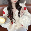 3色 長袖ニット セーター カーディガン Vネック いちご イチゴ トップス ショート丈 長袖 個性的 甘め かわいい 大人可愛い きれいめ おしゃれ お洒落 ...