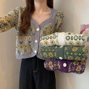 4色 長袖ニット カーディガン セーター 花柄 フラワー ショート丈 レトロ トップス 長袖 個性的 かわいい 大人可愛い きれいめ おしゃれ お洒落 キュート ラブリー カジュアル ガーリー 主役級 存在感 レディース 柄 秋 冬 10代 20代 女性用 女の子 学生 通学 デート