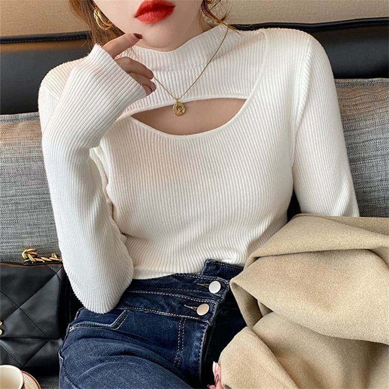 4色 長袖ニット セーター リブニット ハイネック カットオフ トップス 長袖 個性的 肌見せ かわいい 大人可愛い きれいめ おしゃれ お洒落 キュート ラブ...