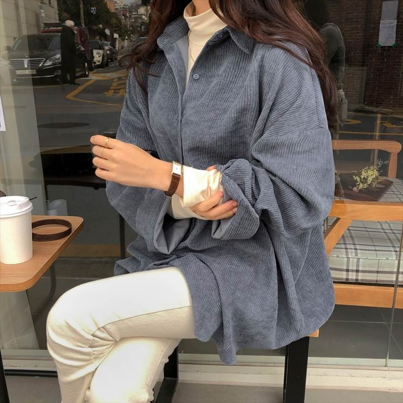 3色 コーデュロイ シャツ アウター トップス レディース 春 秋 グレー アプリコット ブルー 灰 白 長袖 襟付き シンプル かわいい カジュアル 大人可愛い おしゃれ 大人女子 レトロ こなれ感 ラフ 抜け感 ワンサイズ フリーサイズ 無地 10代 20代 30代 学生 OL ママ