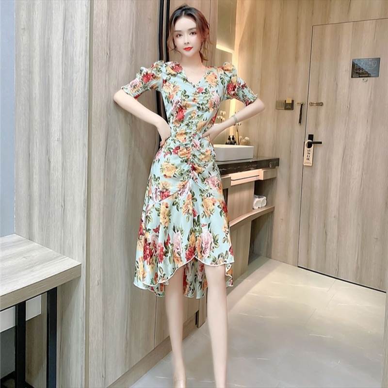 2色 キャバ ドレス 膝丈 半袖 ワンピース レディース 花柄 大人可愛い セクシー 緑 グリーン ピンク 上品 おしゃれ 可愛い カジュアル ワンピ ドレス キャバクラ フィッシュテール ギャザー セクシー キャバ嬢 スリム フリル いい女 フレア 大きいサイズ xl パーティドレス