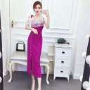 2色 キャバ ドレス ミモレ丈 膝下 ワンピース ワンショルダー 肩出し レース 透け感 レディース 大人可愛い セクシー 紫 黒 パープル ブラック カジュア...