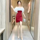 2色 キャバ ドレス ミニ フリル タイト ワンピース ワンピ オフショルダー オフショル レディース セクシー 赤 黒 レッド ブラック 露出 上品 おしゃれ...
