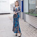 3色 キャバ ドレス ロング マーメイド セクシー 黒 赤 花柄 青 パーティードレス レディース ロング丈 長袖 カッコイイ デキる女 フレア 秋 冬 大きい...