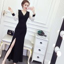 2色 キャバ ドレス ロング 黒 白 セクシー 大胆 スリット マーメイド vネック おしゃれ きれいめ 無地 パーティードレス バイカラー レース ワンピ 大...
