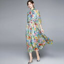 ワンピース ロング ドレス 花柄 カラフル シャツ風 個性的 カジュアル パーティドレス ミモレ丈 リボン ふんわり ワンピドレス 華やか 袖あり 春 夏 大き...