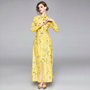 ワンピース ロング ドレス シャツ ワンピ 黄色 花柄 小花 個性的 大人かわいい お洒落 カジュアル パーティードレス 華やか 長袖 春 夏 秋 大きいサイズ...