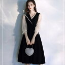 パーティードレス ミモレ丈 膝丈 ドレス 黒 バイカラー 個性的 大人可愛い レディース 結婚式 二次会 お呼ばれ 演奏会 発表会 フォーマル ドレス ワンピー...