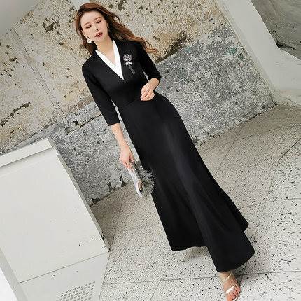 ロング ドレス パーティードレス 黒 袖あり スーツ風 ワンピース カッコイイ 個性的 無地 スレンダー ..