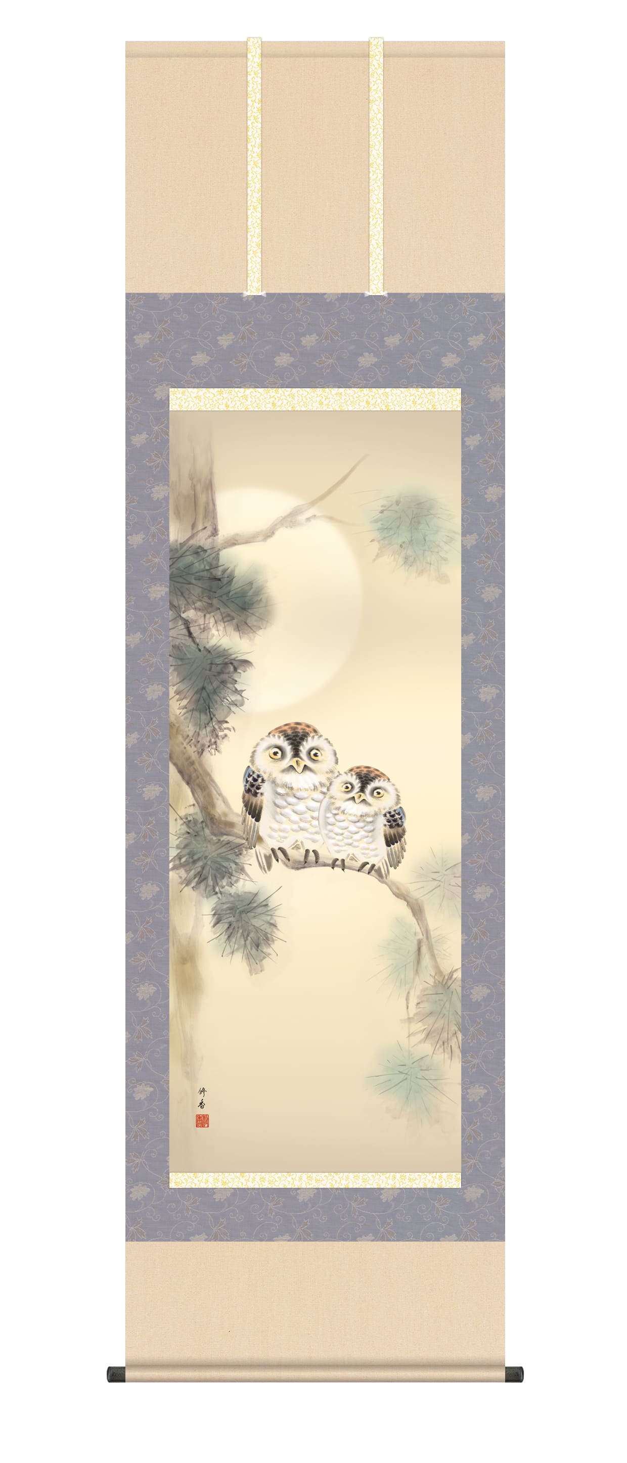 掛け軸/掛軸/縁起画 夫婦梟(上村 修香)　ふくろう　学業成就　商売繁盛　送料無料 代引手数料無料
