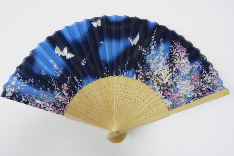 扇子　花と蝶　≪ブルー≫
