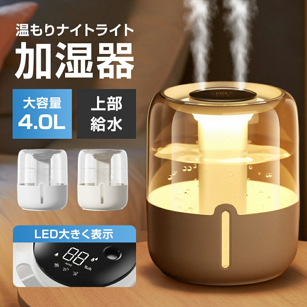 加湿器 小型 卓上 大容量 4.0L 3段階ミスト調節 3W 節電 540g 湿度測定 おしゃれ 加湿器 USB給電式 上部給水 ろ過綿棒 アロマ ナイトライト 空焚き防止 省エネ 静音 最大20H お手入れ簡単 花粉対策 空気清浄 寝室 家庭用 オフィス用 ホテル用 持ち運びやすい 誕生日 ギフト