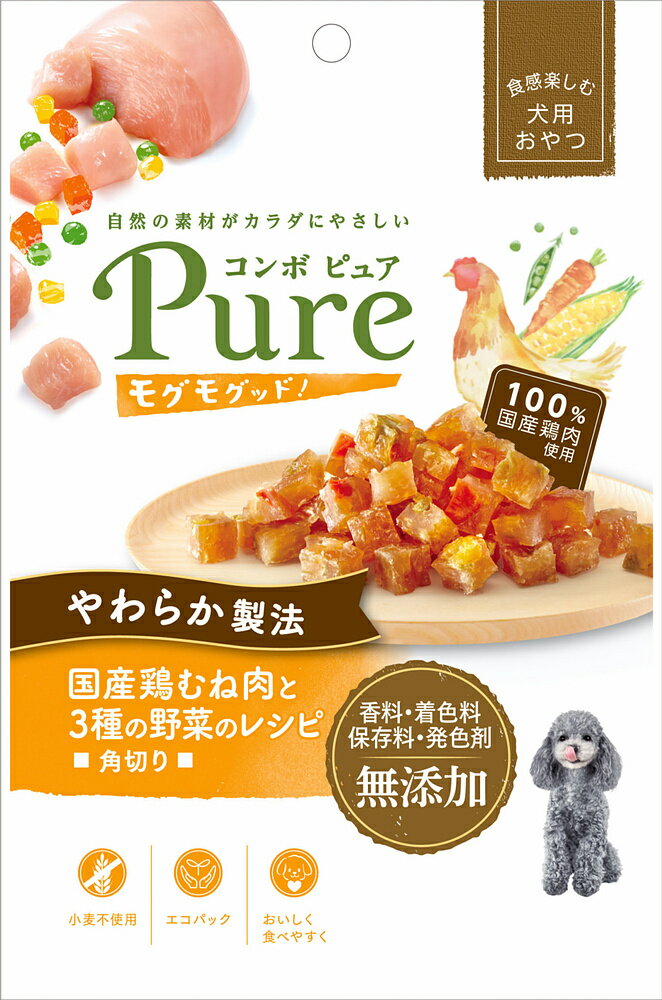 [商品サイズ(mm)]140×25×210[単品重量(g)]60 [エネルギー]170kcal/100g[栄養成分]たんぱく質35.0%以上、脂質1.5%以上、粗繊維1.0%以下、灰分5.0%以下、水分53.0%以下[原材料]肉類（国産鶏胸肉、国産鶏ササミ）、野菜類（ニンジン、グリーンピース、コーン）、食塩、グリセリン、プロピレングリコール[商品説明]モグモグやわらかい角切りジャーキー。国産鶏むね肉＆野菜のレシピ。着色料・香料・保存料・発色剤無添加。[使用方法・給与方法]●愛犬用おやつとしてご利用ください。しつけのごほうびや、愛犬とのコミュニケーションに最適です。●1日に与える量は、下表の量以内にとどめてください。（1日の代謝エネルギーのおよそ20%以内）[お手入れ・保管方法]・お買い上げ後は直射日光をさけ、涼しく乾燥した場所に保存してください。・開封後は必ずチャックを閉じて冷蔵庫で保存し、お早めにお与えください。（保存料無添加のため、開封後に常温で保存すると、カビが発生することがあります。)・おいしさと品質を保つため、脱酸素剤を封入しています。無害ですが食べられませんので、与える際には誤飲にご注意ください。[詳細]○モグモグッと食べやすい、やわらかいおやつのシリーズ。○国産鶏のむね肉を使ったジューシーなレシピ。小麦不使用。○ニンジン、グリーンピース、トウモロコシ入り。○ひとくちサイズの角切りタイプ。○3つのこだわり【1香料・着色料・保存料・発色剤を無添加、気になる添加物を使わず素材本来の風味を活かします。2国内の工場で調理し新鮮なうちにパックします。3おいしく・食べやすく形状で愛犬に楽しくて幸せなおやつタイムを提供します。】[コンセプト]見えるおいしさも。見えない栄養も。[原産国]日本[製造販売]日本ペットフード株式会社〒140-0002 東京都品川区東品川2丁目2番4号　天王洲ファーストタワー5FJAN:4902112032824