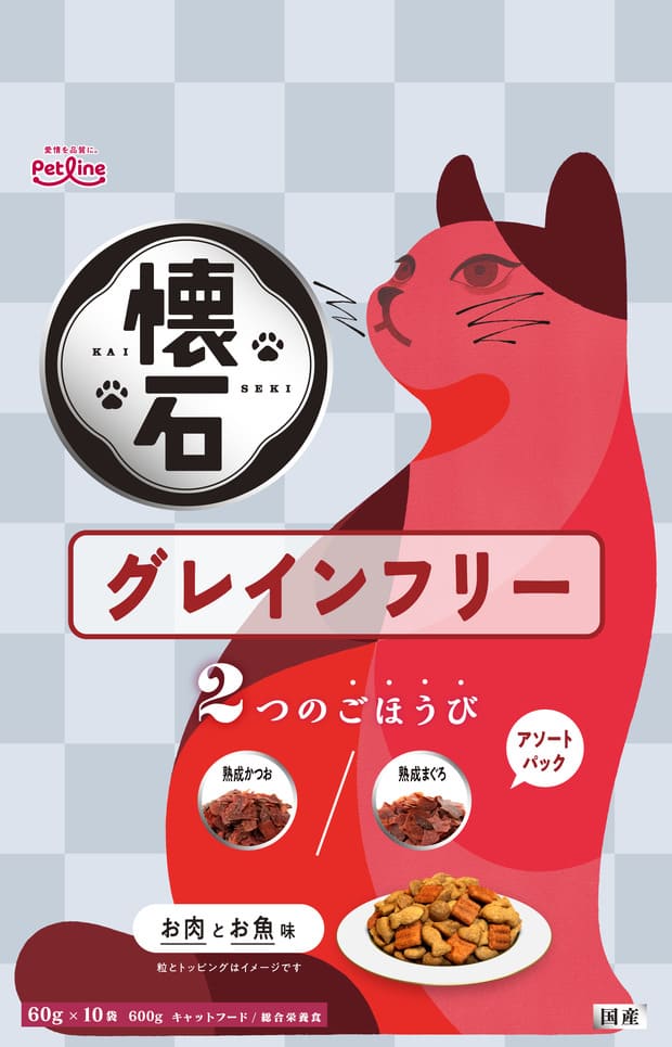 [商品サイズ(mm)]180×115×255[単品重量(g)]650 [エネルギー]約365kcal/100g[栄養成分]たんぱく質38.0%以上、脂質10.5%以上、粗繊維5.0%以下、灰分10.5%以下、水分10.0%以下、カルシウム1.1%標準値、リン1.0%標準値、ナトリウム0.7%標準値、マグネシウム0.11%標準値[原材料]肉類（ミートミール、チキンミール、チキンレバーパウダー）、豆類（脱脂大豆、おから）、油脂類（動物性油脂）、魚介類（フィッシュエキス、白身魚エキス、熟成まぐろ、熟成かつお）、セレン酵母、加工でん粉、ビタミン類（A、D3、E、K3、B1、B2、パントテン酸、ナイアシン、B6、葉酸、ビオチン、B12、コリン）、ミネラル類（カルシウム、ナトリウム、塩素、鉄、コバルト、銅、マンガン、亜鉛、ヨウ素）、アミノ酸類（メチオニン、タウリン）、クチナシ色素、酸化防止剤（ローズマリー抽出物、ミックストコフェロール）[商品説明]お肉とお魚味の粒に、厳選したトッピングを添えて飽きのこない味わいに仕上げました。[使用方法・給与方法]与える量は、種類、年齢、性別、運動量、季節などによって変わります。新鮮な水をいつでも好きなだけ飲めるように別の容器に用意してください。[使用上の注意]この製品は猫専用です。他の動物には与えないでください。[お手入れ・保管方法]直射日光、湿気の多い所を避けてください。水ぬれにはご注意ください。[詳細]穀物アレルギーの猫様に配慮して、原材料として穀類不使用。[コンセプト]今までの懐石を超える"至福の美味しさ"[原産国]日本[製造販売]ペットライン株式会社〒507-0062 岐阜県多治見市大針町657-1JAN:4902418004426