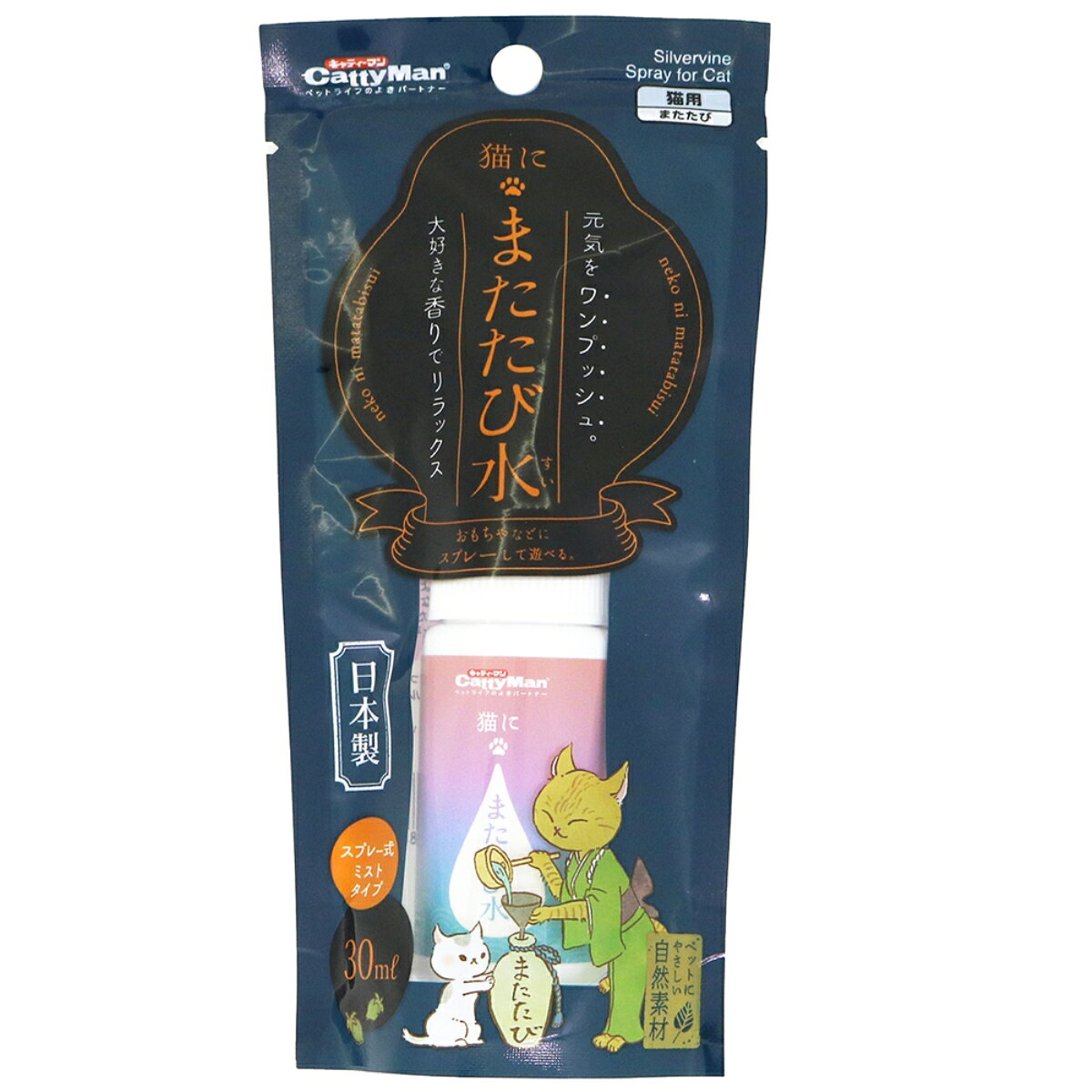 [商品サイズ(mm)]80×30×170[単品重量(g)]50 [原材料]またたび、保存料（安息香酸Na）、エタノール[商品説明]いろいろな場所にかけて使えるまたたびミストタイプ。[使用方法・給与方法]【使用方法】1週間に2〜4回が適当です。●おもちゃなどに適量をスプレーします。●またたびの成分が沈殿している場合がありますが、品質には問題ありません。ボトルを軽く振ってスプレーしてください。●使用後は、おもちゃを拭き取るなどして清潔に保ちましょう。[使用上の注意]●用途・対象を守る。●人やペットに向けて直接スプレーしない。●使用方法を守り、強度の陶酔状態になるため使用しすぎない。●猫が病気のときや服薬しているときは、獣医師に相談してから使用する。●幼児の手の届く所で使用・保管しない。●火気の近く・階段や倒れやすい物のそばで使用しない。●子供が使用する場合は、安全のため大人が立ち会う。●またたびの反応が強すぎると感じた場合は、いったん使用をやめる。●万一、猫に異常が見られたときは、またたびの使用を中止し獣医師に相談する。●誤飲防止のため（特に幼猫は注意）次のことを守る。○ペットに容器を噛ませない○使用後はペットが触れない所に保管する○万一、人やペットが飲み込んだときは、すぐに応急処置を行い、異常がある場合は本品を持参して医師や獣医師に相談する[お手入れ・保管方法]・直射日光を避けて室温で保管してください。[原産国]日本[製造販売]ドギーマンハヤシ株式会社用品営業部〒537-0002 大阪府大阪市東成区深江南1-16-14JAN:4976555845334