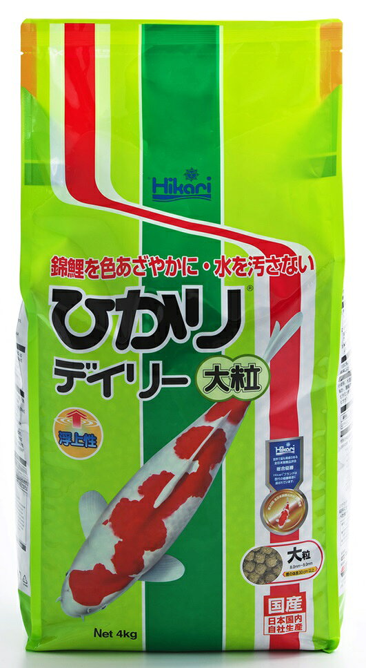 [商品サイズ(mm)]250×120×460[単品重量(g)]4150 [栄養成分]たんぱく質30％以上、脂質3％以上、粗繊維5％以下、灰分12％以下、りん0.7％以上、水分10％以下[原材料]小麦粉、糟糠類、大豆粕、フィッシュミール、濃縮アルファルファ、グルテンミール、わかめ、シルクワームミール、魚油、ビール酵母、海藻粉末、ビタミン類（塩化コリン、E、C、B5、B2、A、B1、B6、B3、K、葉酸、D3、ビオチン）、ミネラル類（P、Fe、Mg、Zn、Mn、Co、Cu、I、Se、)[商品説明]錦鯉のエコノミーフード[使用方法・給与方法]錦鯉の成長に必要な栄養をバランス良く配合、無着色・色あせ防止、錦鯉の理想的なデイリーフードです。[使用上の注意]魚の状態、水温に合わせて1日2回～4回に分け、5分間ぐらいで食べきれる量を与えてください。[詳細]必須栄養をバランスよく配合した錦鯉飼料[原産国]日本[製造販売]株式会社キョーリン〒670-0902 兵庫県姫路市白銀町9JAN:4971618384782