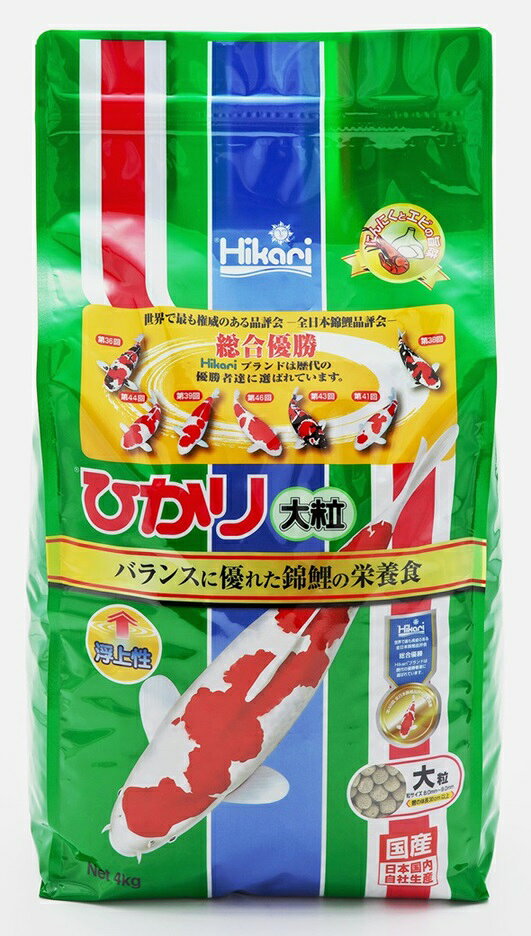[商品サイズ(mm)]240×130×515[単品重量(g)]4150 [栄養成分]たんぱく質34％以上、脂質3％以上、粗繊維5％以下、灰分13％以下、りん1％以上、水分10％以下[原材料]小麦粉、大豆ミール、フィッシュミール、米ぬか、グルテンミール、ビール酵母、魚油、ガーリック、海藻粉末、オキアミミール、ビタミン類（塩化コリン、E、C、B5、B2、A、B1、B6、B3、葉酸、D3、ビオチン）、ミネラル類（P、食塩、Fe、Mg、Zn、Mn、Cu、I）、食用色素（青2）[商品説明]良質原料をバランスよく配合、丈夫で美しい錦鯉に育ちます。粒が崩れにくく水の汚れを抑えます。（大粒）[使用方法・給与方法]栄養バランスに優れた錦鯉用高嗜好性栄養フードです。浮上性のため様子を見ながら与える量を調節できます。[使用上の注意]魚の状態、水温に合わせて1日2回～4回に分け、5分間ぐらいで食べきれる量を与えてください。[詳細]良質原料を配合し、丈夫で美しい錦鯉に[原産国]日本[製造販売]株式会社キョーリン〒670-0902 兵庫県姫路市白銀町9JAN:4971618014795