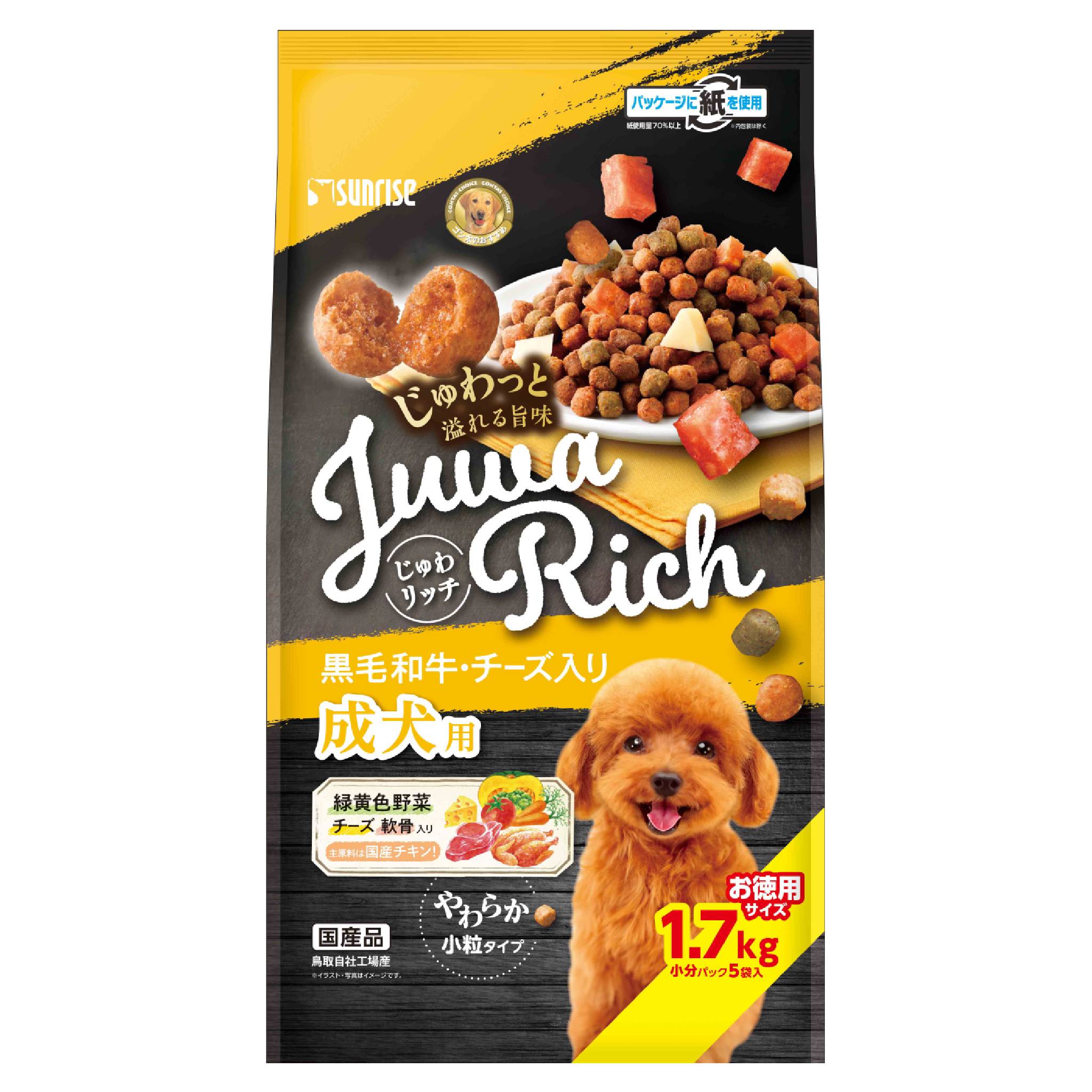 [商品サイズ(mm)]200×130×370[単品重量(g)]1850 [エネルギー]270kcal/100g[栄養成分]たんぱく質16.5％以上、脂質6.5％以上、粗繊維3.0％以下、灰分6.0％以下、水分30.0％以下[原材料]肉類（チキンミール、ビーフミール、黒毛和牛、地鶏、軟骨等）、小麦粉、糠、豆類、脱脂米糠、パン粉、糖類、油脂類、乳類（チーズ等）、でん粉類、麺、魚介類（フィッシュミール等）、食物繊維、いも類、野菜類（にんじん、ブロッコリー、トマト、かぼちゃ等）、グルコサミン（カニ由来）、サメ軟骨抽出物（コンドロイチンを含む）、増粘安定剤（グリセリン、加工デンプン）、品質保持剤（プロピレングリコール）、ミネラル類（リン酸カルシウム、炭酸カルシウム、塩化カリウム、硫酸マグネシウム、塩化ナトリウム、硫酸鉄、炭酸亜鉛、硫酸銅、炭酸マンガン、ヨウ素酸カルシウム）、保存料（ソルビン酸カリウム）、ビタミン類（コリン、C、E、ニコチン酸、パントテン酸、A、B6、B1、B2、B12、葉酸、D）、着色料（二酸化チタン、黄4、赤40、青1、黄5）、アミノ酸類（L－リジン塩酸塩）、pH調整剤、酸化防止剤（エリソルビン酸ナトリウム、ミックストコフェロール、ローズマリー抽出物）、香料[商品説明]国産チキンを主原料に使用し、独自製法でじゅわっと溢れる旨みのやわらか小粒に仕上げました。[使用方法・給与方法]●超小型犬(1～3kg)：45～100g●超小型犬(3～5kg)：100～150g●小型犬(5～7kg)：150～190g●小型犬(7～10kg)：190～250g[お手入れ・保管方法]●本商品は犬用です。●この商品はペットフード公正取引協議会の承認する分析試験の結果、「総合栄養食」の基準を満たすことが証明されています。●製品の中身の色、硬さ、形状等に若干のばらつきがありますが品質には問題ありません。●高温・多湿・日光をさけて保存し、開封後は要冷蔵にて早めに使い切ってください[詳細]国産和牛・地鶏入り[コンセプト]じゅわっと肉汁あふれる旨み「じゅわリッチ」[原産国]日本[製造販売]株式会社マルカン（サンライズ）〒532-0011大阪府大阪市淀川区西中島7-1-26　オリエンタル新大阪ビル12FJAN:4973321944765