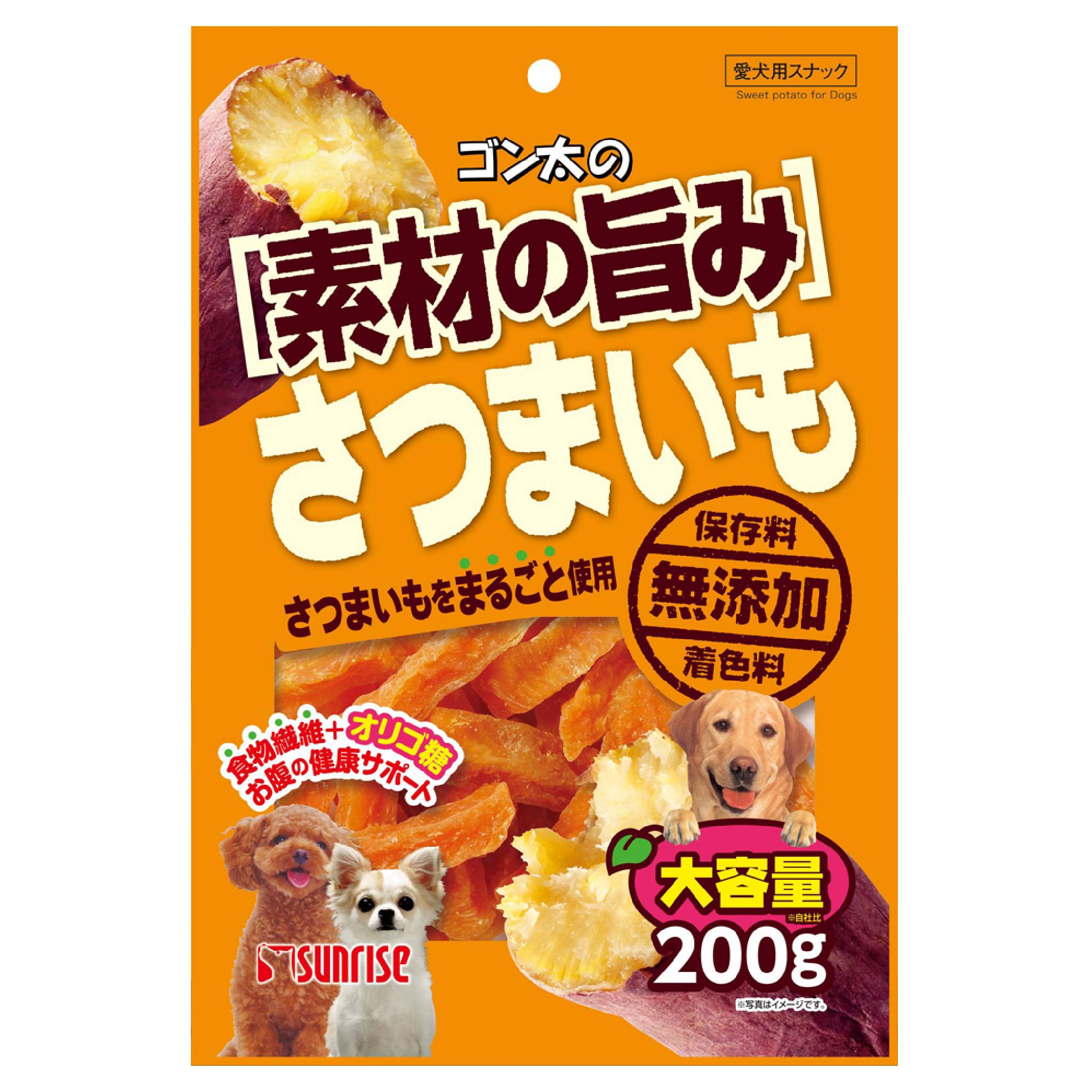 [商品サイズ(mm)]170×50×250[単品重量(g)]210 [エネルギー]285kcal/100g[栄養成分]たんぱく質3.4％以上、脂質0.5％以上、粗繊維6.0％以下、灰分6.0％以下、水分22.0％以下[原材料]いも類（さつまいも）、糖類（オリゴ糖等）[商品説明]素材を活かし調理した嗜好性の高いスナック。オリゴ糖と食物繊維でワンちゃんのお腹の健康サポート。[使用方法・給与方法]●超小型犬：1～3個●小型犬：3～5個●中型犬：5～9個●大型犬：9～14個●幼犬：1～3個[お手入れ・保管方法]●本商品は犬用です。●子供が誤食しないように、子供の手の届かないところに保管してください。●子供がペットに与えているときは、安全のため大人が監視してください。●給与量の目安をお守りください。●品質には万全を期しておりますが、万一不都合がございましたら、弊社お客様相談室までお問い合わせください。[詳細]無添加[コンセプト]さつまいもをまるごと使用[原産国]中華人民共和国[製造販売]株式会社マルカン（サンライズ）〒532-0011大阪府大阪市淀川区西中島7-1-26　オリエンタル新大阪ビル12FJAN:4973321931413
