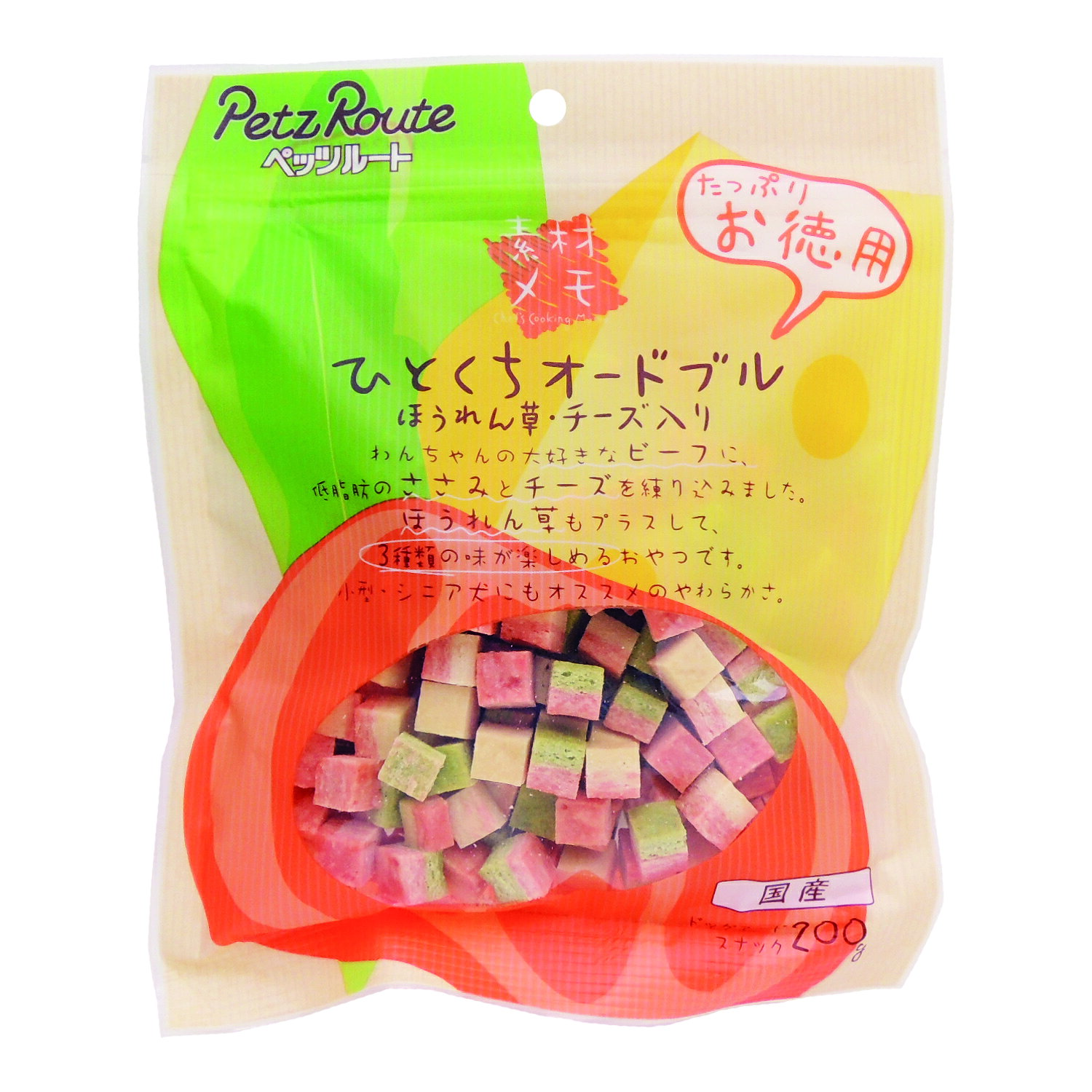 [商品サイズ(mm)]170×30×210[単品重量(g)]215 [エネルギー]約265kcal/100g[栄養成分]たんぱく質10.0％以上、脂質3.0％以上、粗繊維1.0％以下、灰分4.0%以下、水分35.0％以下[商品説明]国産ビーフにほうれん草とチーズを練り込み、サイコロ状にカットしてあるので小型犬のワンちゃん、大喜び。[使用方法・給与方法]給与量は1日当たりの目安です。1日2回位に分けて、健康状態、運動量、季節により量を調節し、おやつとして与えてください。超小型犬（1～5kg位）5～20g小型犬（5～11kg位）20～40g中型犬（11～23kg位）40～60g大型犬（23～40kg位）60～80g[使用上の注意]本品は間食です。生後3ヶ月位まで（離乳前後）の幼犬には与えないで下さい。愛犬の性格や食べ方、お腹の減り具合では、のどに詰まらせたりする場合があります。固体差により適切な大きさにして、目の届く所で与えて下さい。※お子様が愛犬に与える時は、安全の為に大人が立ち会ってください。※給与量を参考に愛犬が食べ過ぎないようにして下さい。※アレルギーのある愛犬には、原材料を確認してから与えて下さい。※愛犬の体調が悪くなった時には獣医師に相談して下さい。[原産国]日本[製造販売]株式会社ペッツルート〒581-0818大阪府八尾市美園町4丁目154?2 154-2072JAN:4984937682262
