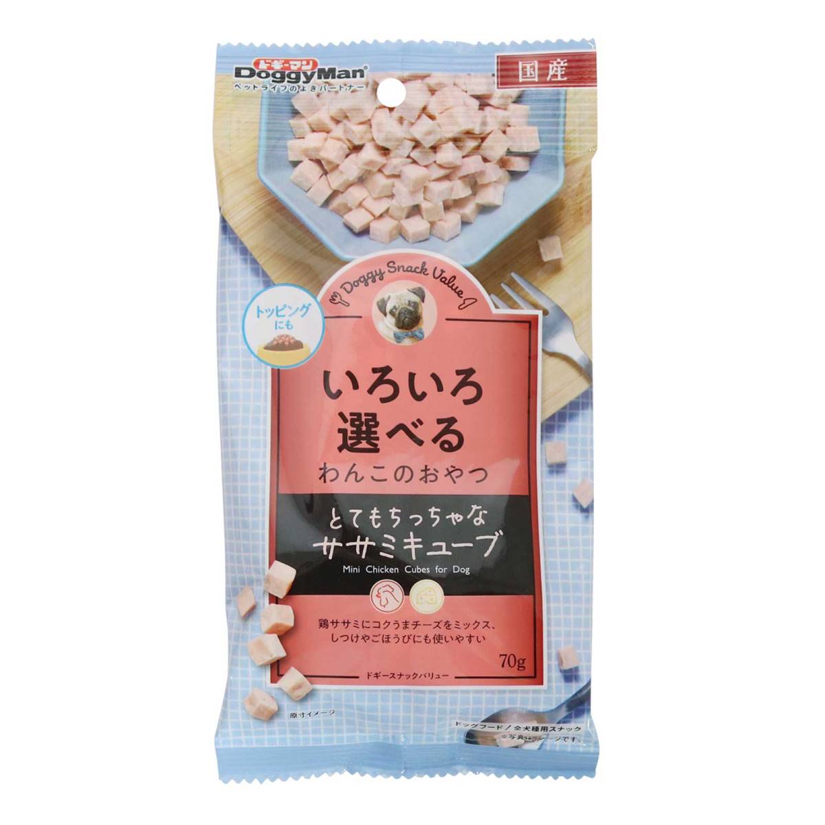 [商品サイズ(mm)]100×200×20[単品重量(g)]80 [エネルギー]280kcal/100g[栄養成分]たんぱく質10.5%以上、脂質0.5%以上、粗繊維1%以下、灰分4%以下、水分35%以下[原材料]小麦粉、肉類（鶏肉、鶏ササミ）、チーズ、脱脂大豆、ソルビトール、グリセリン、保存料（ソルビン酸カリウム）、膨張剤、ミネラル類（ナトリウム）、pH調整剤、香料、着色料（酸化チタン、黄4、赤106）、酸化防止剤（エリソルビン酸ナトリウム）[商品説明]愛犬がよろこぶササミの甘い風味とチーズのおいしさが詰まった超小さなキューブ。[使用方法・給与方法]・目安給与量を参考に1日1～数回に分け、おやつとして与えてください。【1日の目安給与量】・幼犬超小型成犬(5kg以下):～30個・小型成犬(5～11kg):30～60個・中型成犬(11～23kg):60～90個・大型成犬(23～40kg):90～120個[使用上の注意]・ペットフードとしての用途をお守りください。・幼児や子供、ペットの触れない場所で保存してください。・記載表示を参考に、ペットが食べ過ぎないようにしてください。・子供がペットに与えるときは、安全のため大人が立ち会ってください。・ペットが興奮したりしないよう、落ち着いた環境で与えてください。・ペットの体調が悪くなったときには、獣医師に相談してください。[お手入れ・保管方法]お買い上げ後は直射日光・高温多湿の場所を避けて保存してください。開封後は冷蔵し、賞味期限に関わらず早めに与えてください。[原産国]日本JAN:4976555825008