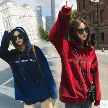 パーカー フード ロゴ ベロア ベルベット ゆったり 秋冬 韓国 オルチャン 原宿系 ストリート アメカジ レディース レッド ブルー S M L XL 可愛い カジュアル トップス プルオーバー