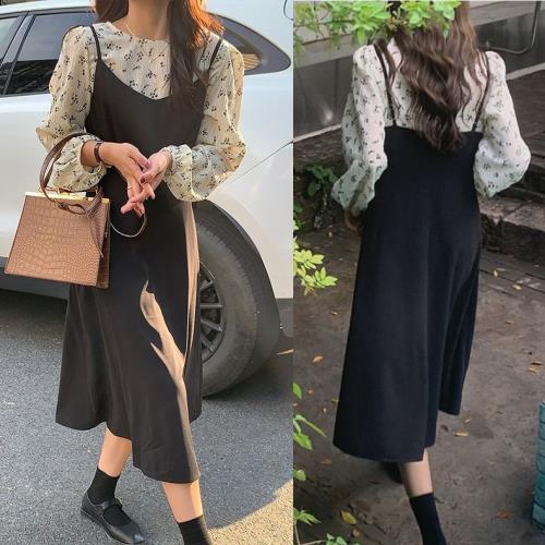 キャミワンピ ジャンパースカート ジャンスカ キャミソール ワンピース ロング 韓国 ブラウス セットアップ 黒 レディース 2点セット ツーピース 小花柄 ラ...