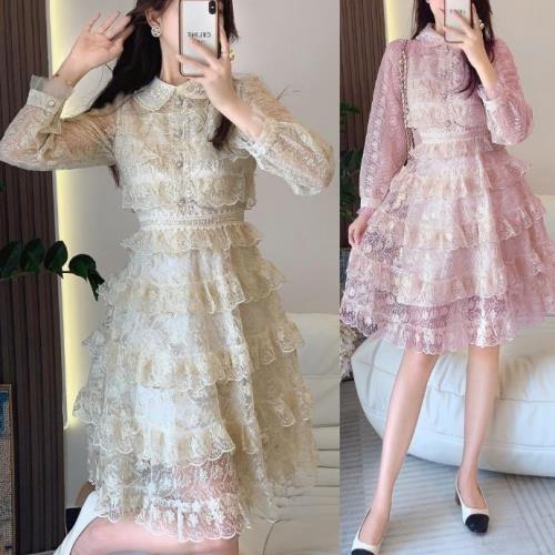 パーティードレス 韓国 ミニ ワンピース ティアード レース 可愛い お呼ばれ 結婚式 二次会 成人式 同窓会 20代 30代 40代 レディース ドレス 花柄 襟付き 春 夏 秋 冬 長袖 ひざ丈 総レースワンピース ティアードワンピース 刺繍 パールボタン Aライン シースルー