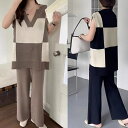 サマーニット レディース ルームウエア セットアップ バイカラー 黒 茶 ベージュ 部屋着 レディース 夏ニット 上下セット ブロックチェック 無地 Vネック ...
