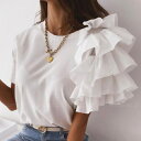 フリル袖 Tシャツ 袖フリル Tシャツ フリルTシャツ 可愛いTシャツ 半袖 片袖 レディース ティーシャツ ティシャツ 白 黒 白ティー フリルブラウス 女 ...