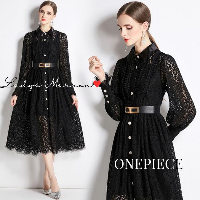 前開きワンピース春秋冬黒レースワン...