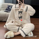 ルームウェア モコモコパジャマ レディース かわいい パジャマ 部屋着 韓国 上下セット ツーピース セットアップ 無地 リボン 秋 冬 長袖 可愛い リラック...