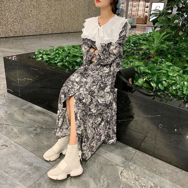 レトロワンピース セーラー襟 レトロガーリー 量産型 ワンピース 参戦服 地雷系 フェミニンワンピース 可愛いワンピース 20代 30代 プチプラ ロングワンピース 個性的 韓国 総柄 春 秋 長袖 ロング丈