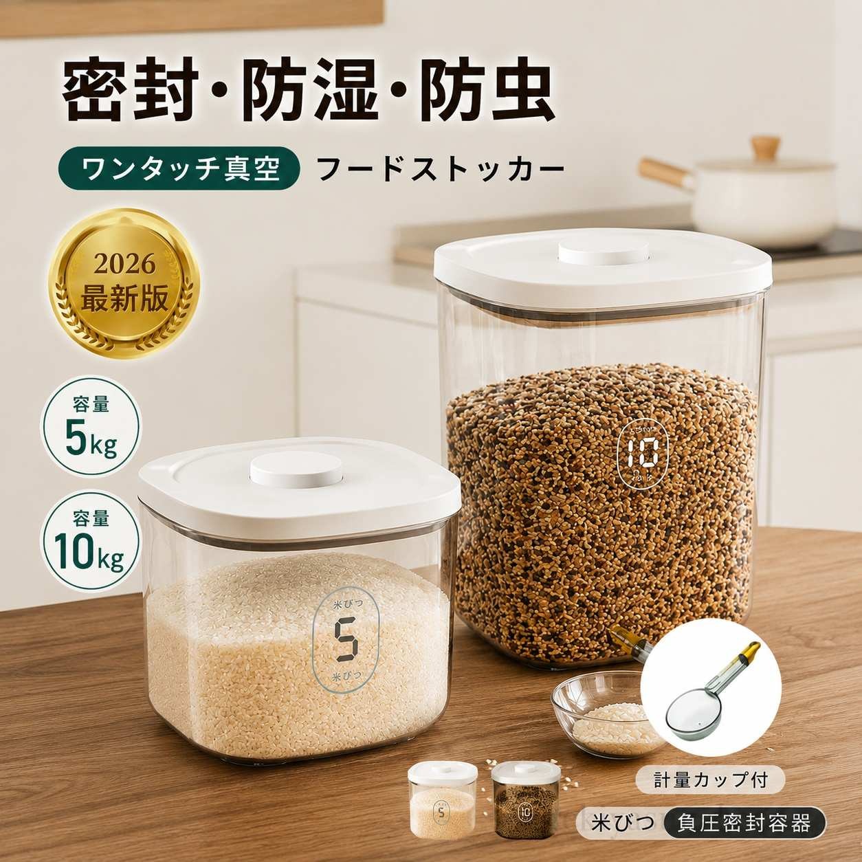 商品情報容量/サイズ5KG/10KG商品説明「内部傾斜設計」一粒の米が残らない「大口径設計」より快適なお米の投入が可能です「開けやすい密閉蓋」シリコンシールを付き、湿気を効果的に防ぐ、十分な気密性を確保しています「保存可能なもの」緑豆、小豆、粟、オーツ麦、大麦、米、大豆などを保存可能です。お米の保存お米は、正しく保存しなければ品質が低下し、腐敗することがあります。おいしいご飯を食べるために、以下の方法でお米を保存することをおすすめします。乾燥した場所に保管する:お米は湿気を吸いやすいため、湿気の少ない場所に保管することが重要です。また、直射日光が当たる場所や風通しの悪い場所は避けてください。密閉容器に入れる:お米は、虫やネズミなどの害虫から守るために、密閉容器に入れることが大切です。フタのついたプラスチック容器やガラス容器などが適しています。温度管理する:お米は、高温多湿な場所で保管するとカビや虫害の原因となるため、温度管理にも気を配る必要があります。常温で保存する場合は、25℃以下の場所を選びましょう注意事項5米びつ + 真空保存容器 5kg 10 キッチン用品 食器 調理器具 特集 ホワイト ブラウン 5KG 10KG