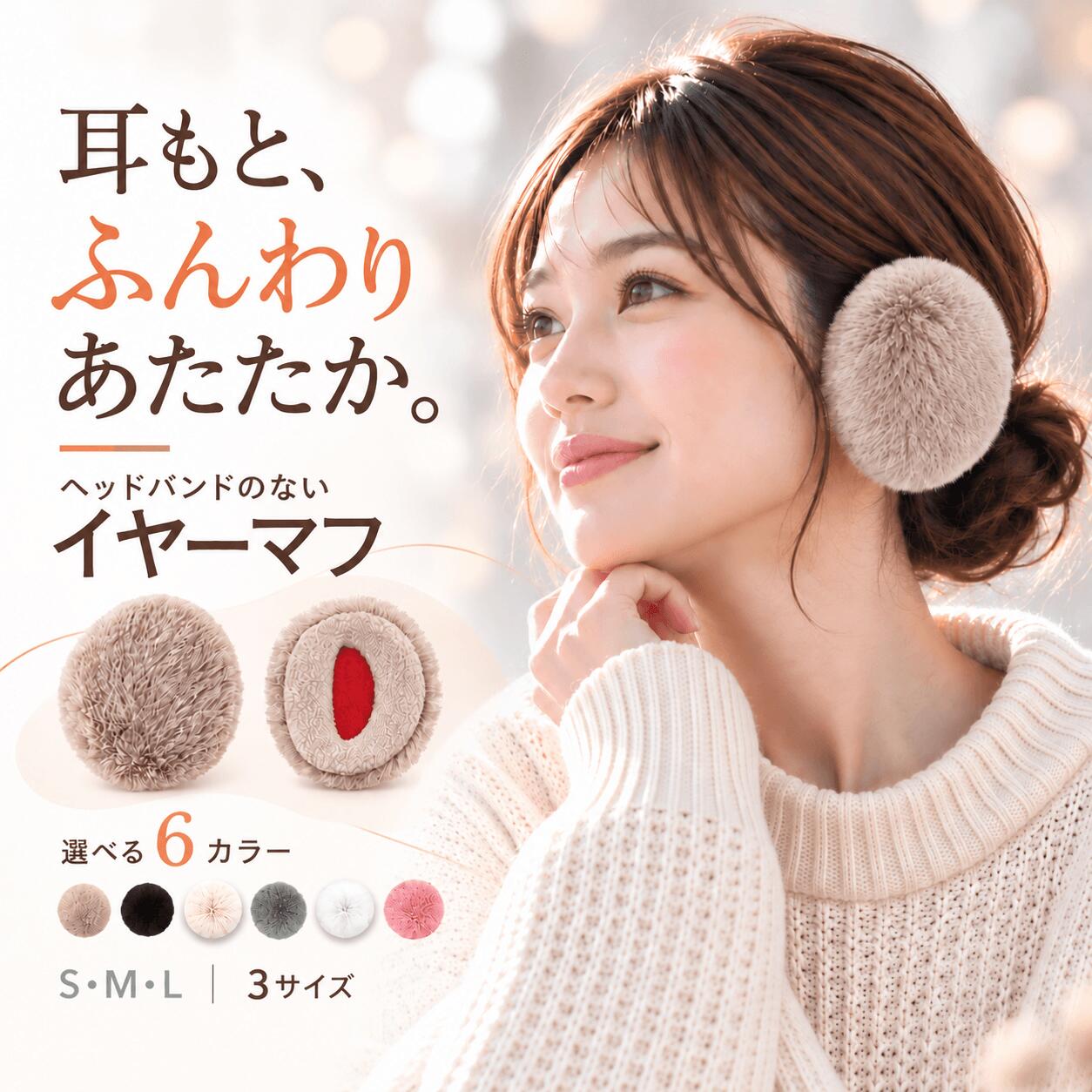 耳もとに、冬のやさしさを。ヘッドバンドのない、すっきりとした耳あて。耳に直接装着するタイプなので、髪型を崩しにくく、通勤・通学・お買い物・お散歩・旅行など、冬のお出かけに気軽にお使いいただけます。頭の上を通すバンドがないため、ヘアスタイルを気にせず使いやすいデザイン。正面からも横からもすっきり見え、いつもの冬コーデにも自然になじみます。表面には毛足のある、ふんわりとした生地を使用。耳に触れる内側にもやわらかな生地を採用し、耳をやさしく包み込みます。冷たい風が気になる冬のお出かけにもおすすめです。コンパクトサイズなので、バッグの中にもすっきり収納。通勤や通学はもちろん、お買い物や旅行など、必要なときにサッと取り出して使えます。冬のコーディネートになじみやすい、落ち着いたカラーを揃えました。・ブラック・ホワイト・グレー・カーキ・ベージュ・ピンク服装や気分に合わせてお選びいただけます。親子で色違いにするのもおすすめです。サイズ耳の長さ目安本体開口部S約5.5〜6cm約7.5cm約4.5cmM約6〜7cm約8.3cm約5cmL約7〜8cm約9.3cm約6.3cm耳の上端から耳たぶの下端までを測り、サイズをお選びください。左右で耳の長さが異なる場合がございますので、両耳を測ってからお選びいただくことをおすすめします。STEP 1内側の縁を外向きに返し、開口部を広げます。STEP 2上下を確認し、広い側から耳の上端にかけます。STEP 3耳全体を開口部に収め、耳の後ろへ沿わせるように向きを整えます。STEP 4上下の縁を軽く押し、外側へ返して形を整えれば装着完了です。左右の区別はありません。耳の形に合わせて、装着しやすい向きでお使いください。通勤 / 通学 / お散歩 / お買い物 / 旅行 / 冬のお出かけ などシンプルなデザインなので、コートやニット、マフラーなどの冬服にも合わせやすく、毎日のコーディネートに自然になじみます。・耳の大きさや形には個人差があります。・サイズ表をご確認のうえ、お選びください。・左右で耳の大きさが異なる場合がありますので、両耳の計測をおすすめします。・表記サイズは平置きでの計測値です。測り方により多少の誤差が生じる場合があります。・配送時の梱包により毛並みが寝ている場合があります。開封後、表面を手でやさしく整えてからご使用ください。・お子さまが使用される場合は、サイズをご確認のうえ、保護者の方が装着状態をご確認ください。・商品画像は撮影環境やモニター環境により、実際の色味と異なって見える場合があります。髪型を気にせず、冬の耳もとを快適に。ふんわりコンパクトな耳あてで、毎日の冬のお出かけをもっと気軽に。イヤーマフ 耳当て バンドなし 締めつ バッグ 小物 ブランド雑貨 豊富 カーキ ブラック ベージュ グレー ホワイト ピンク S M L