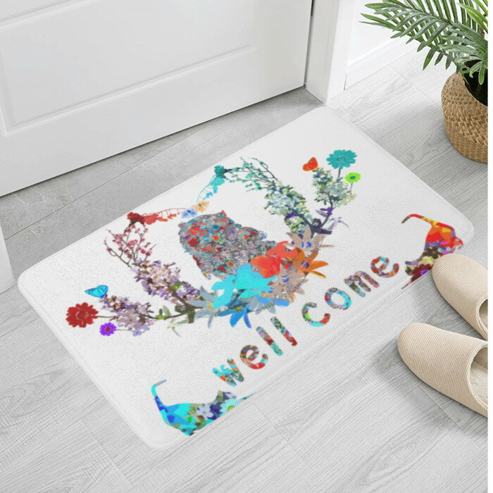 お得なクーポン 送料無料 ボタニカルフクロウ＆キャット ふんわりドアマット ユニセックス ホームデコレーション 動物 フクロウ オウル ネコ キャット 花 フラワー